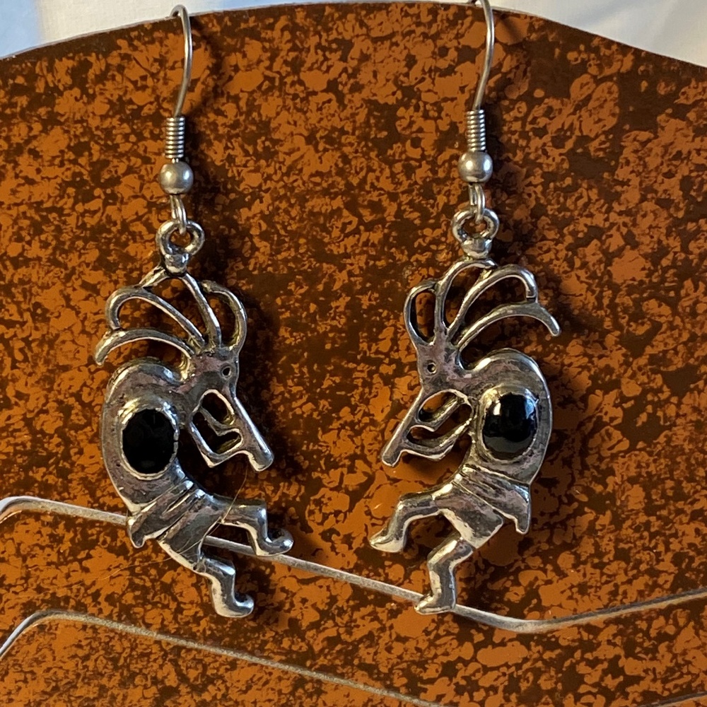 Vintage Kokopelli Silver Tone & Onyx Earrings